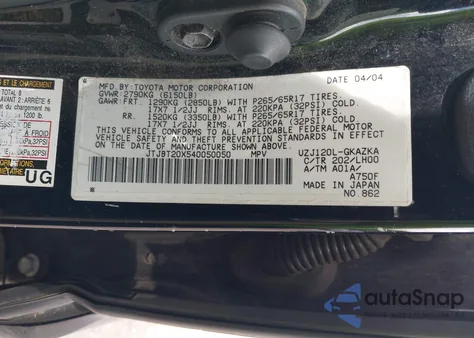 2004 Lexus Gx 470 z USA, uszkodzony, nr VIN JTJBT20X540050050